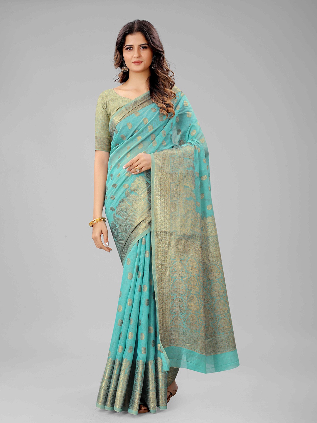 

Mizzific Turquoise Blue & Gold-Toned Paisley Zari Pure Cotton Banarasi Saree