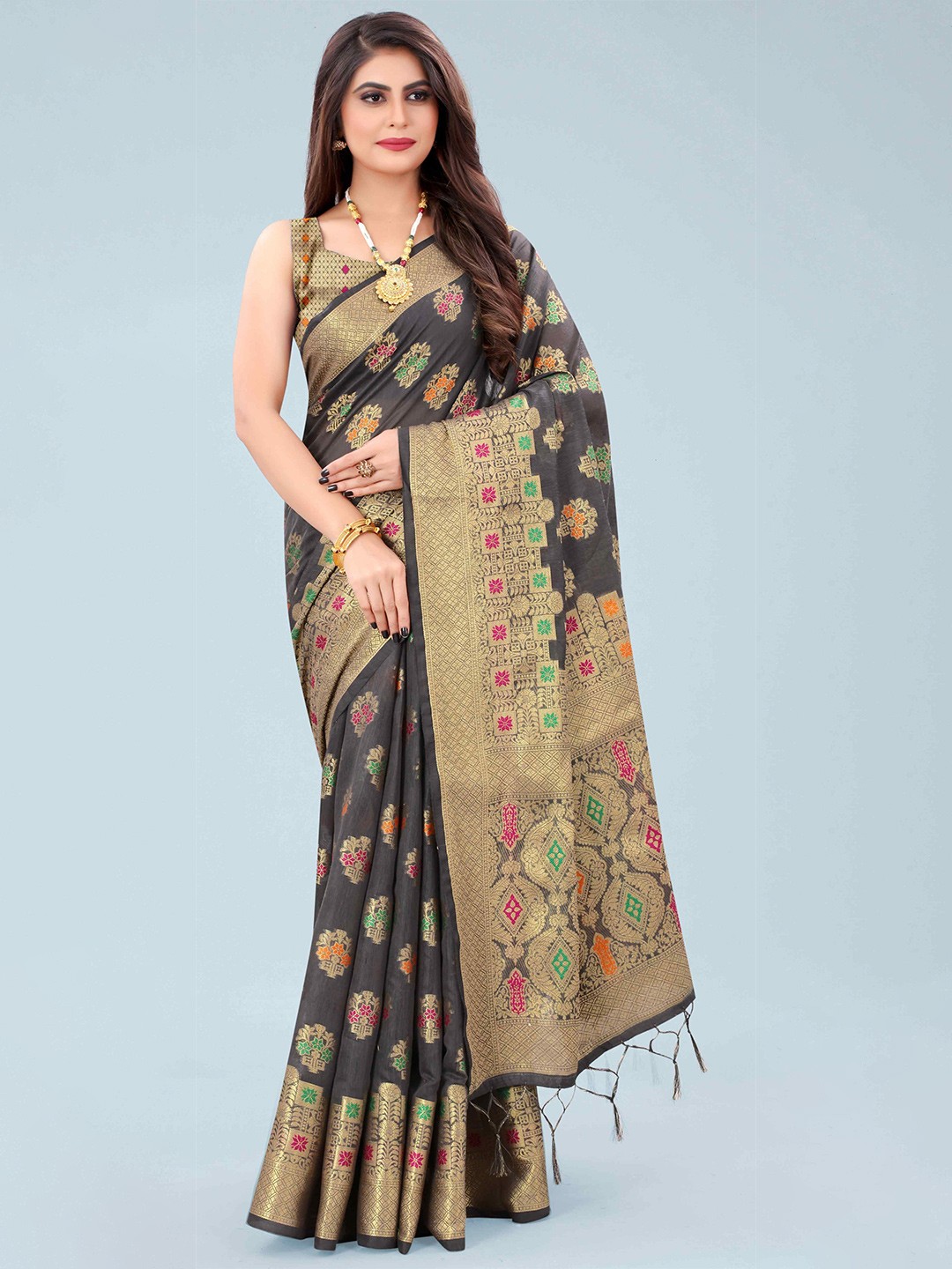 

Mizzific Grey & Orange Floral Zari Pure Cotton Chanderi Saree