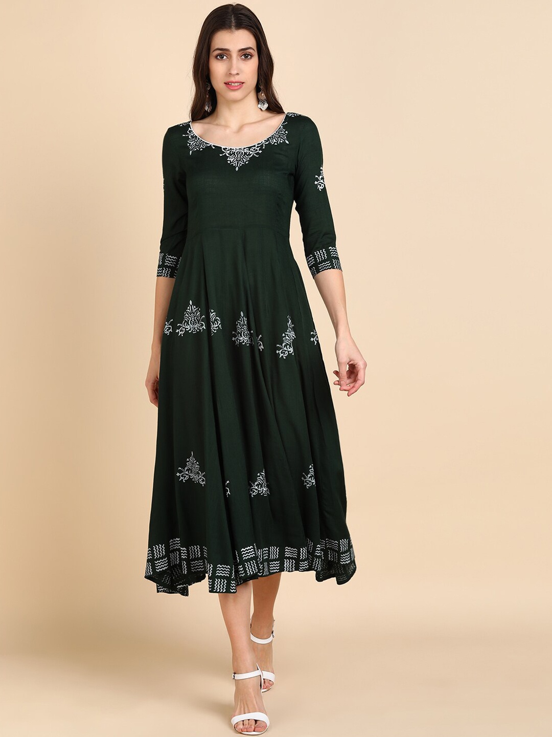 

Indi INSIDE Women Bottle Green Ethnic Motifs Block Printed Anarkali Kurta