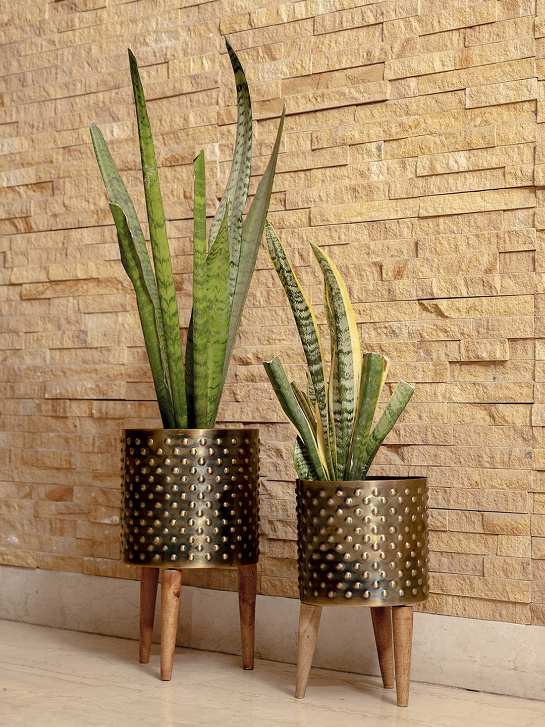 

green girgit Set Of 2 Hammered Pots with Wooden Legs, Gold