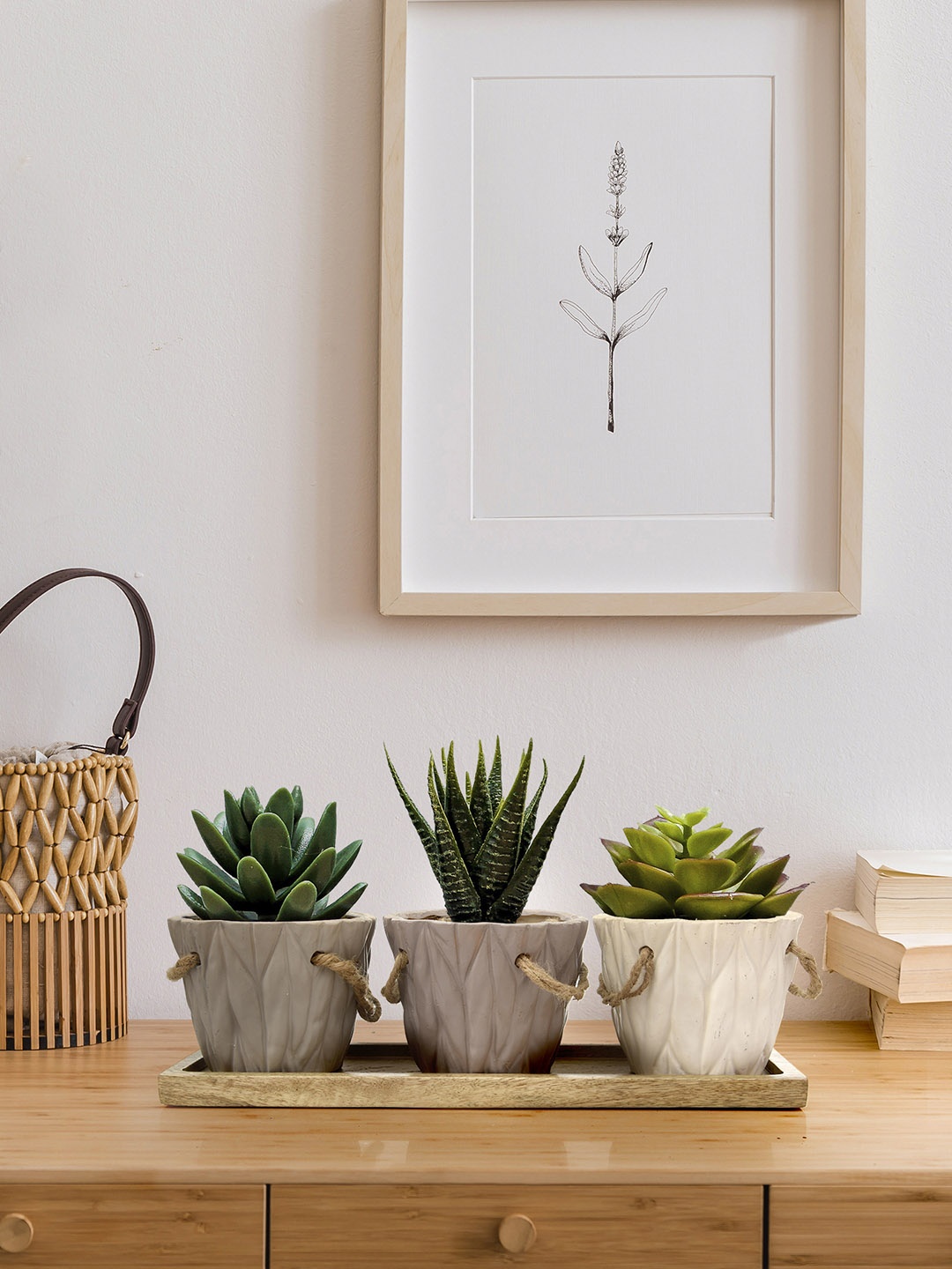 

green girgit Set Of 3 Solid Planters With Wooden Base, Brown