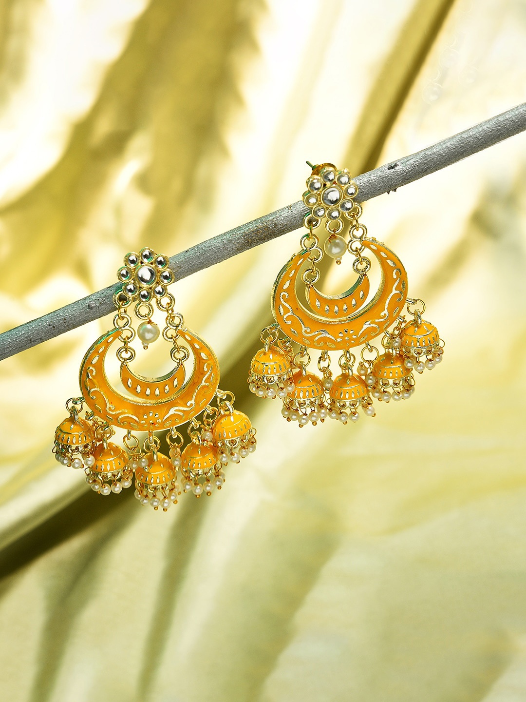 

SOHI Women Yellow Contemporary Gold Plated Beaded Chandbalis Earrings