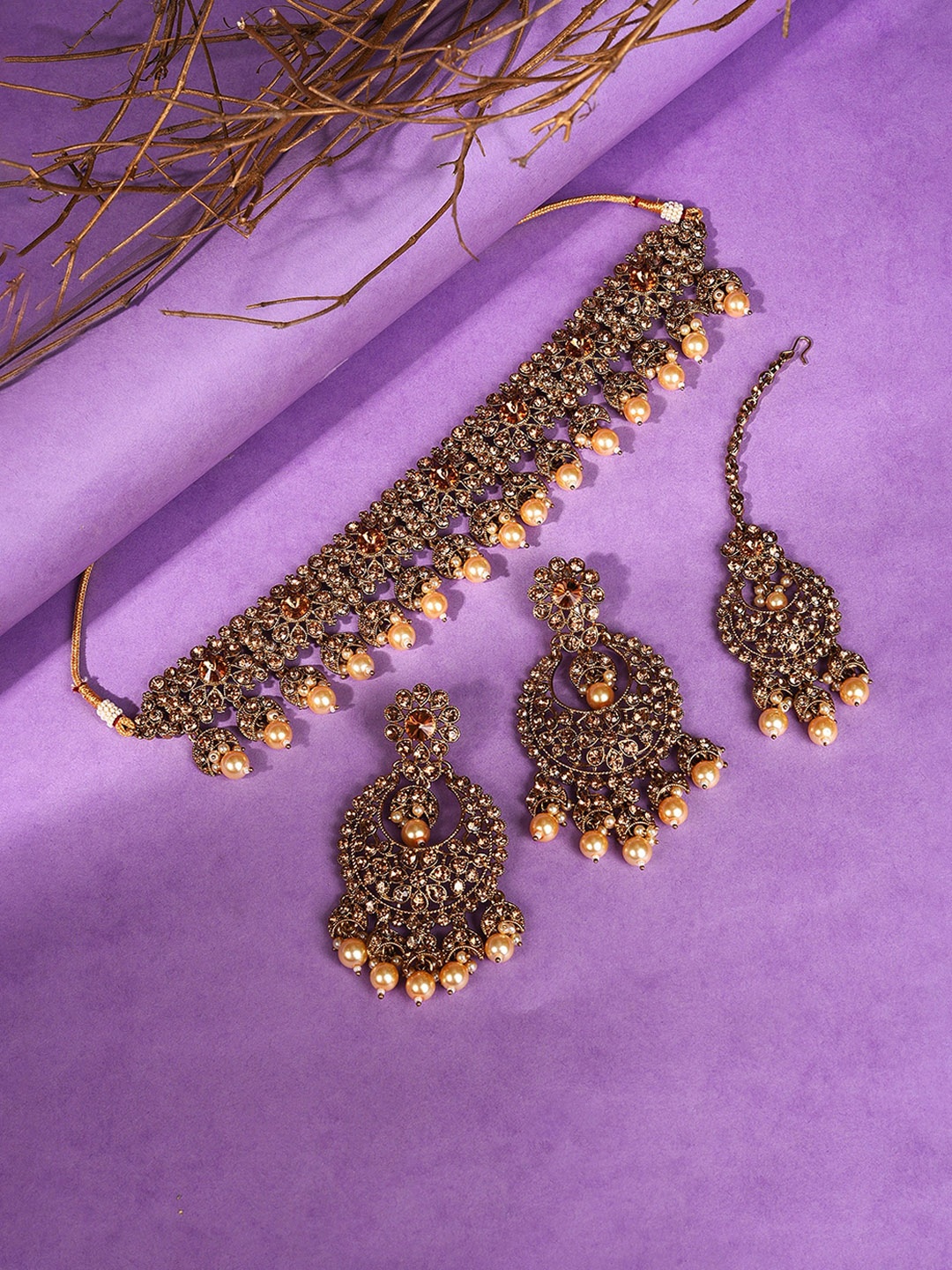 

SOHI Gold-Plated Brown Stone-Studded & Beaded Jewellery Set