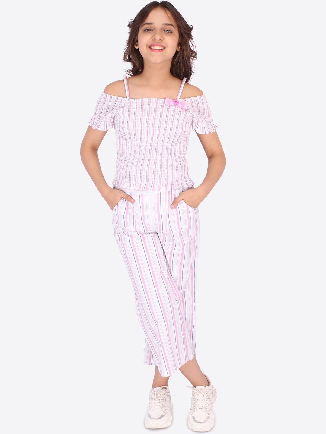 

CUTECUMBER Girls Pink & White Striped Top with Culottes