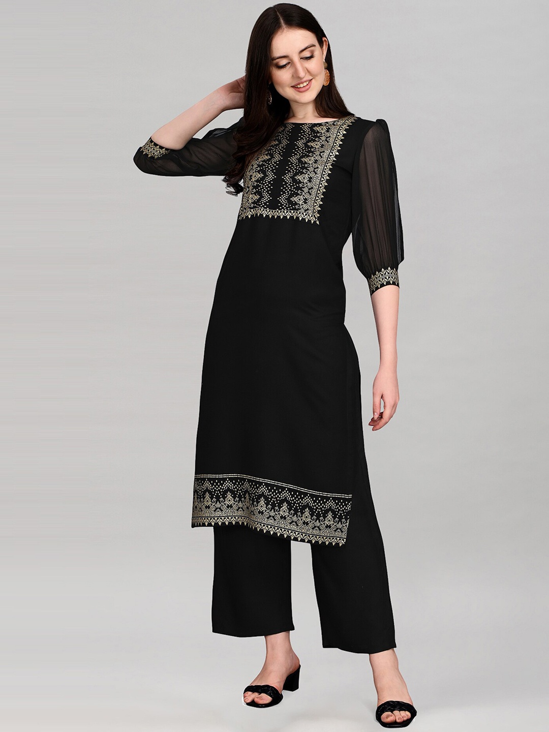 

SANISA Women Black & chinese black Ethnic Motifs Yoke Design Thread Work Kurta