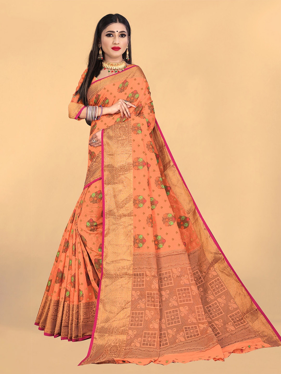 

Rivana Orange & Green Woven Design Zari Pure Cotton Banarasi Saree