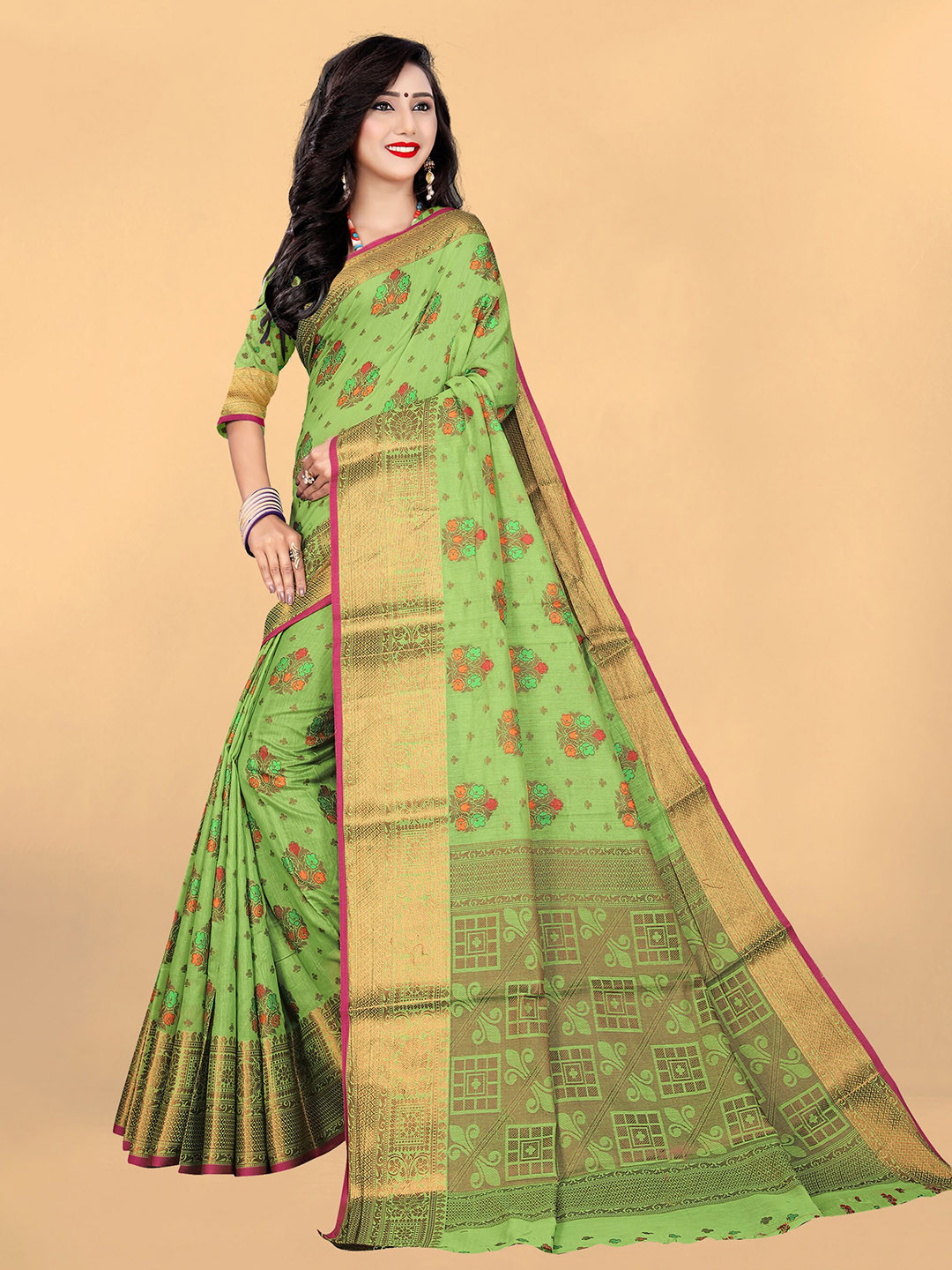 

Rivana Lime Green & Gold-Toned Woven Design Zari Pure Cotton Banarasi Saree