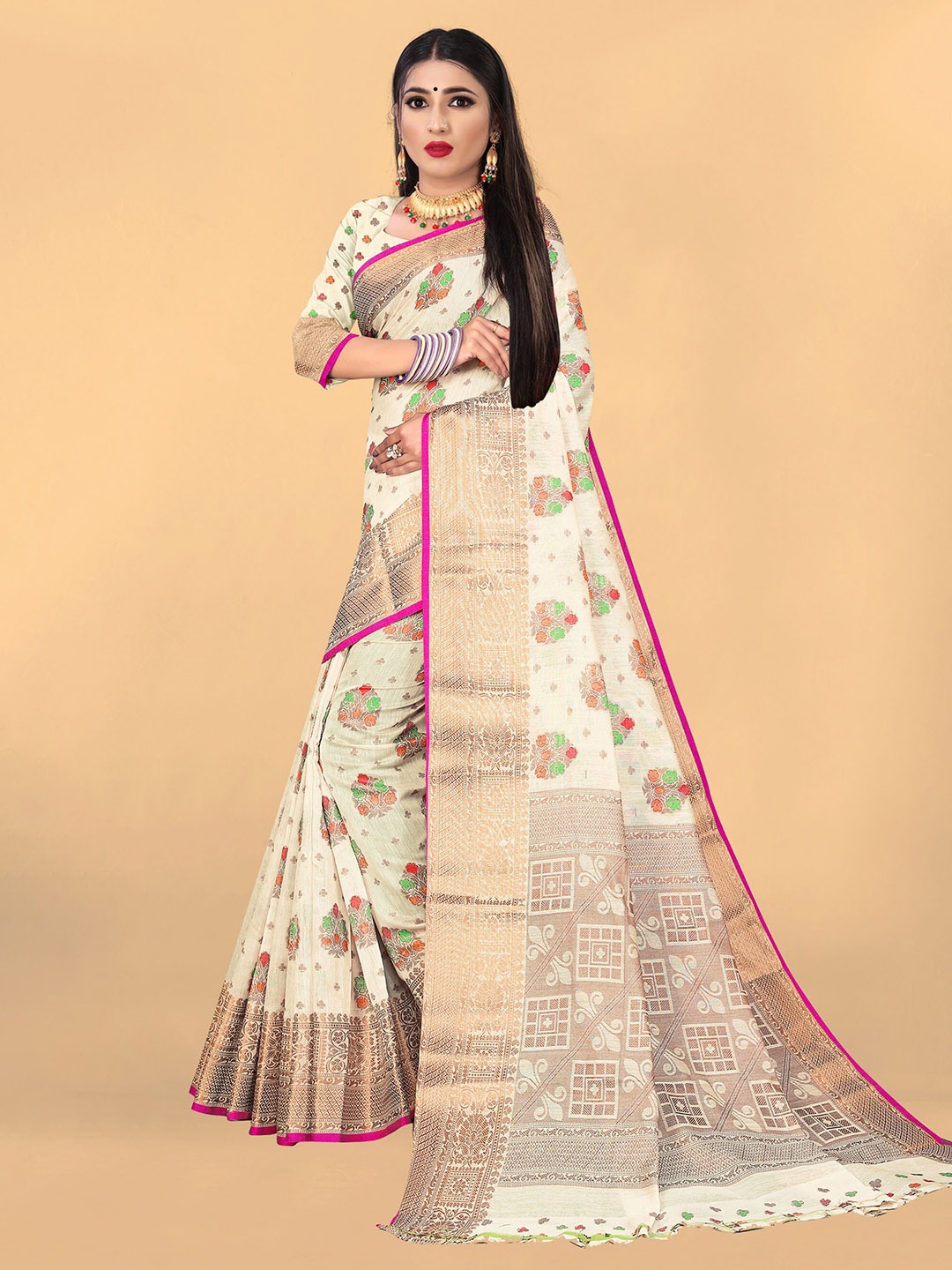 

Rivana White & Green Woven Design Zari Pure Cotton Banarasi Saree