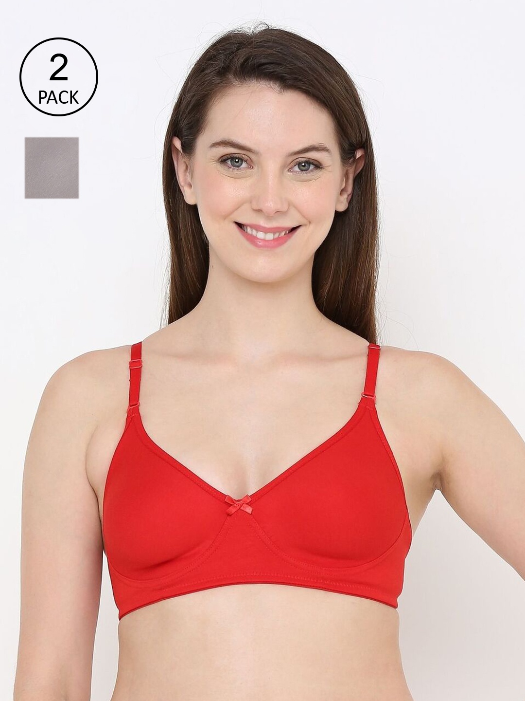 

Berrys Intimatess Pack of 2 Red & Grey Solid Cotton Non-Wired In Skin By Berry's Bra