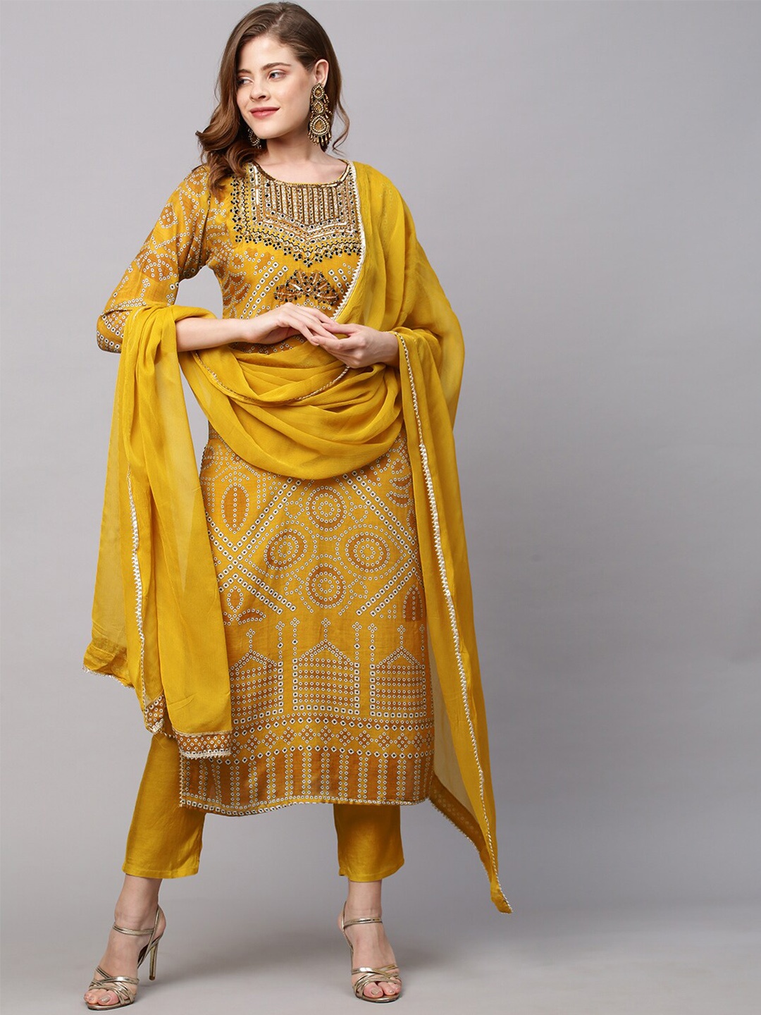 

Envy Me by FASHOR Women Mustard Yellow Ethnic Motifs Panelled Sequinned Kurti with Trousers & With Dupatta