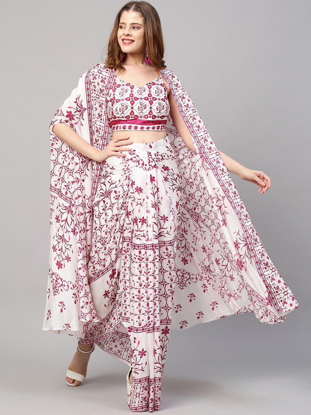 

Envy Me by FASHOR Women White Floral Printed Top & Pleated Skirt with Flared Jacket