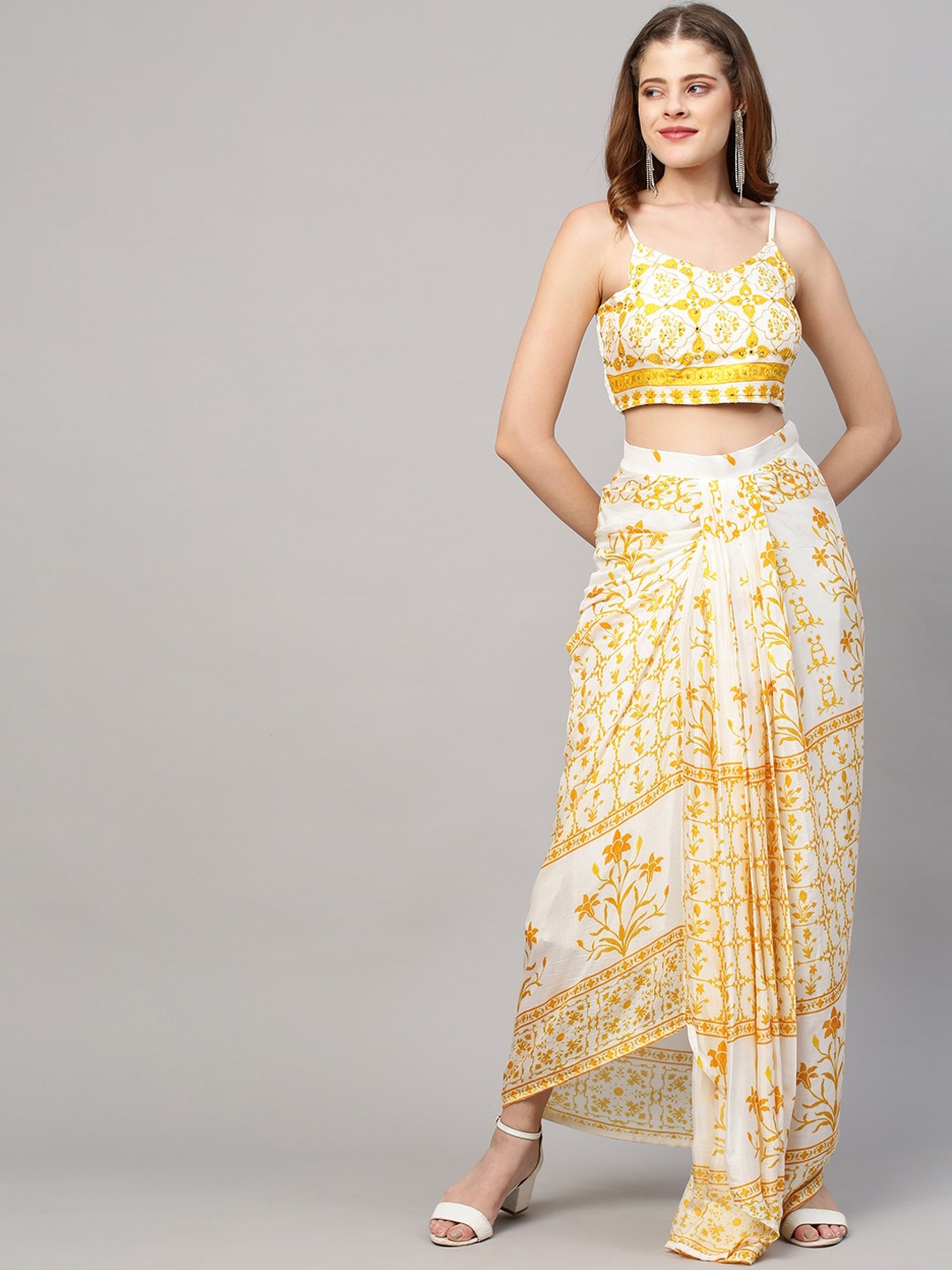 

Envy Me by FASHOR Women White Floral Printed Top & Pleated Skirt with Flared Jacket