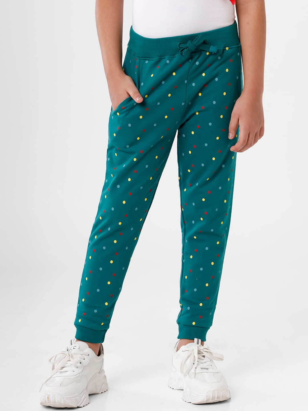 

De Moza Girls Green & Yellow Printed Pure Cotton Joggers