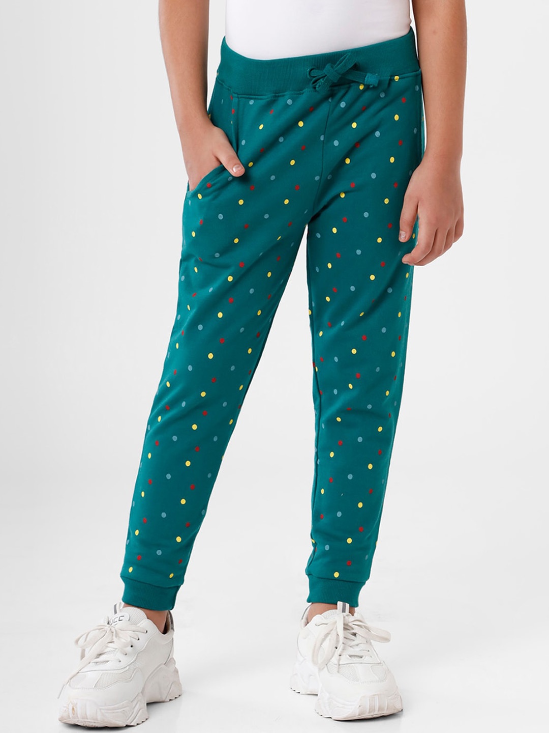 

De Moza Girls Green & Yellow Printed Pure Cotton Joggers