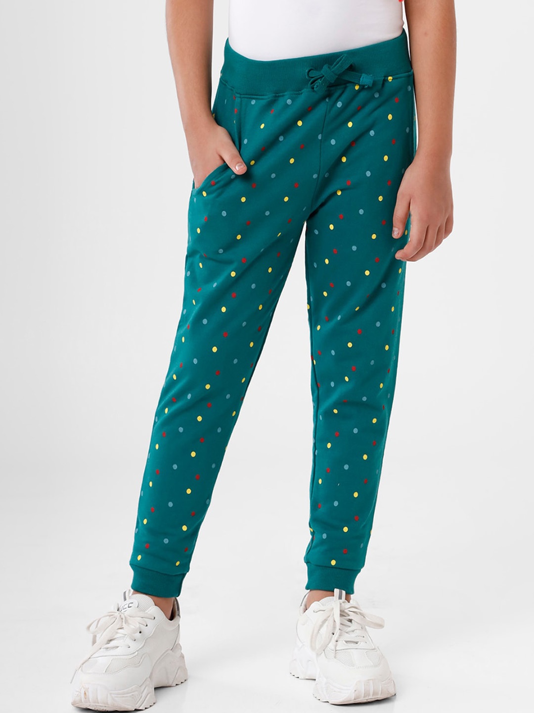 

De Moza Girls Green & Yellow Printed Pure Cotton Joggers