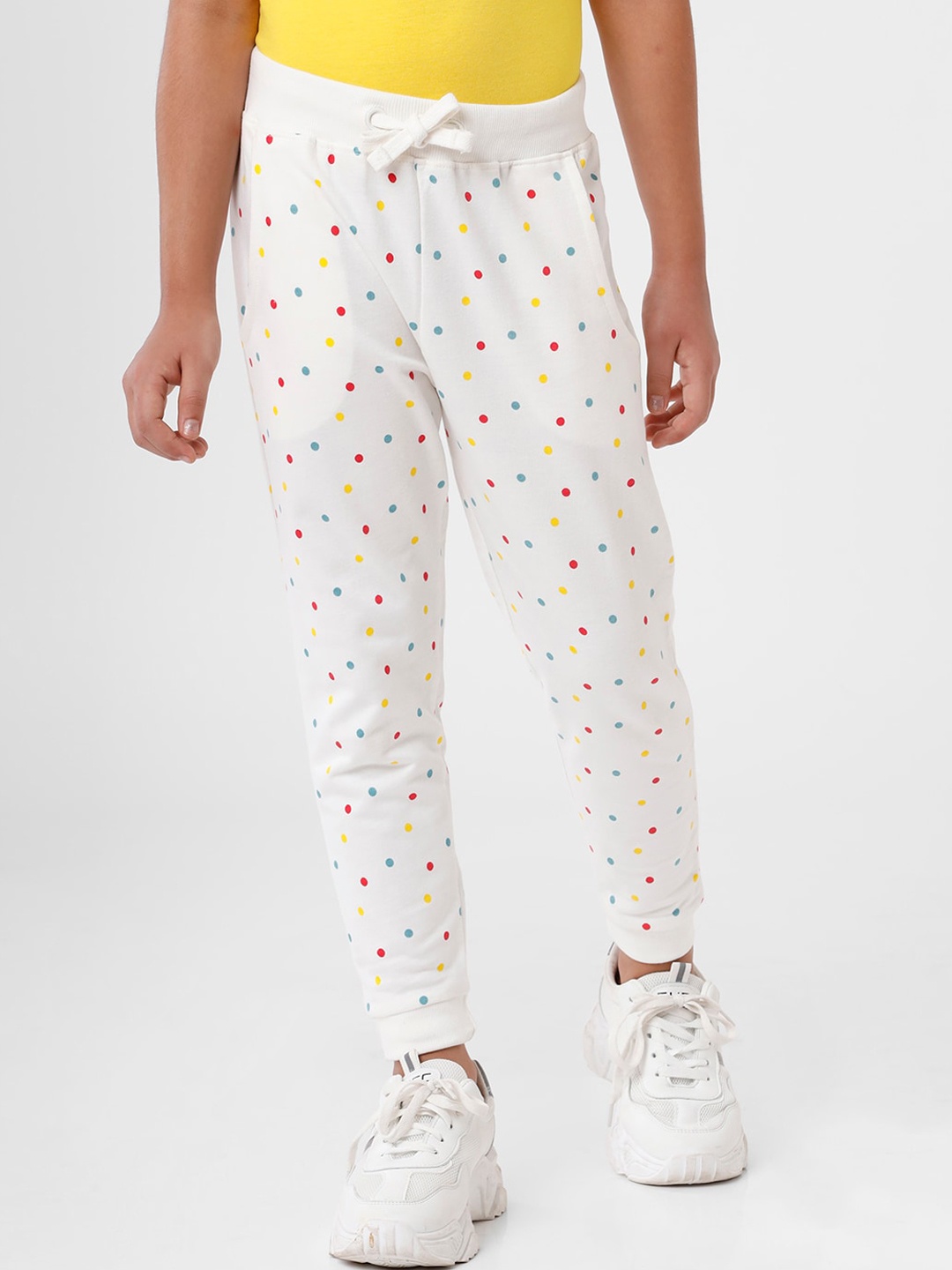 

De Moza Girls Off-White & Yellow Printed Pure Cotton Joggers