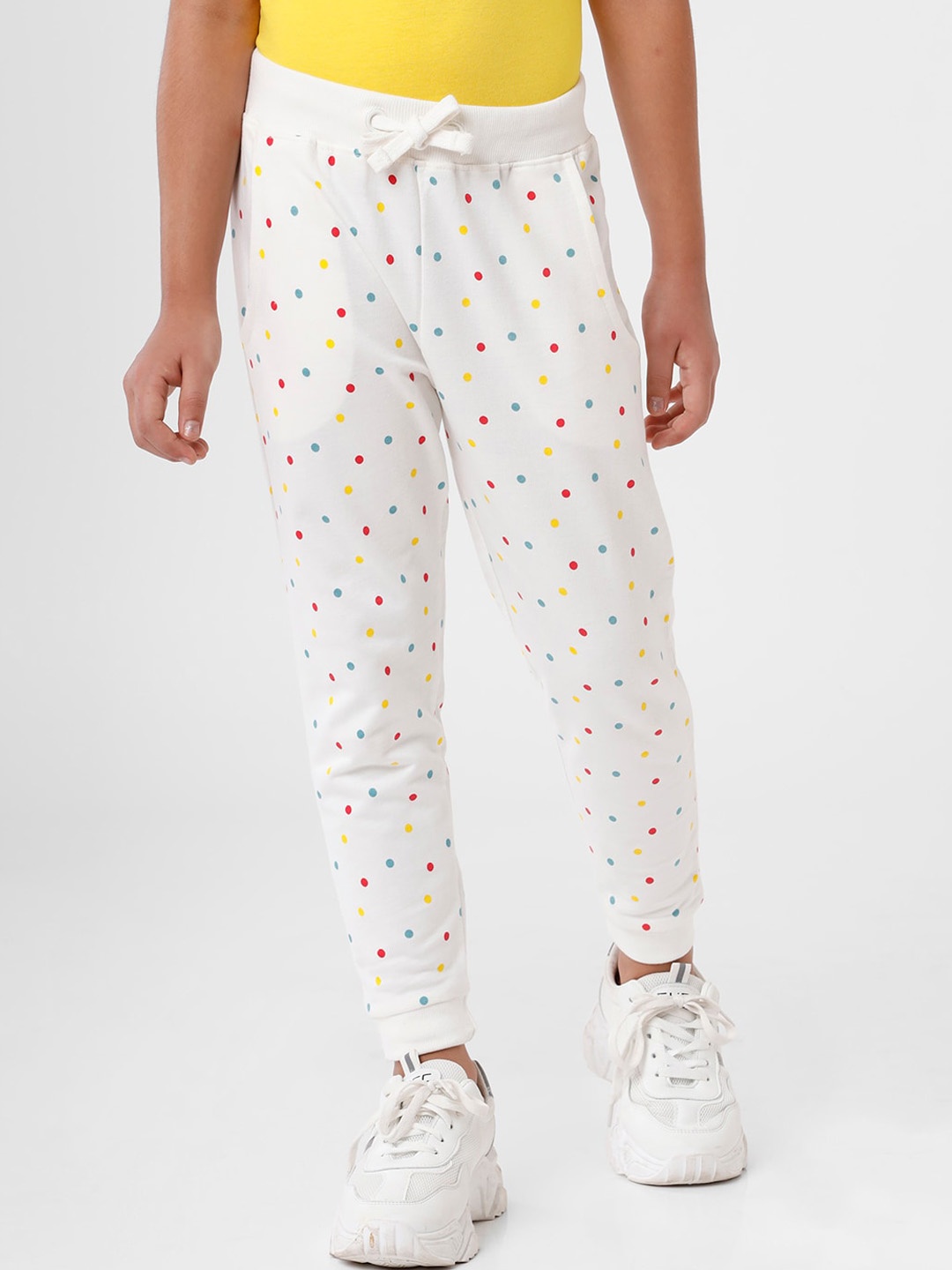 

De Moza Girls Off-White & Yellow Printed Pure Cotton Joggers
