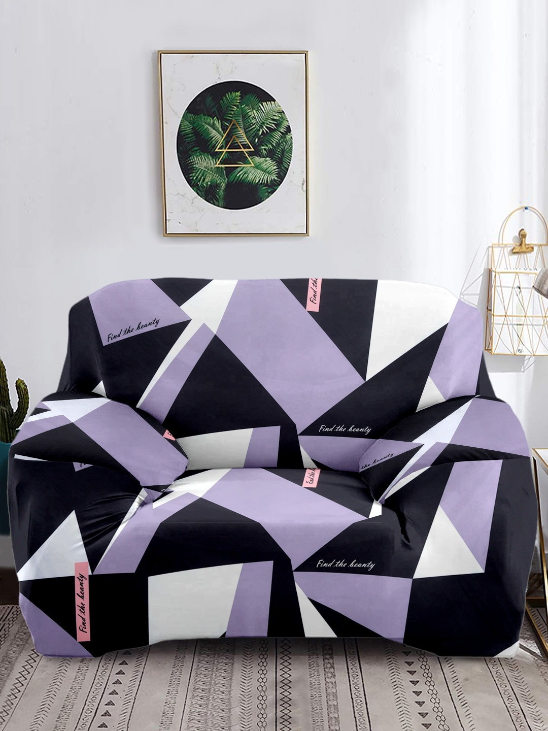 Cortina Black & Grey Printed 1-Seater Stretchable Non-Slip Sofa Slipcover