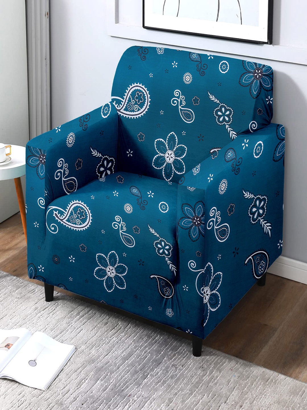 

Cortina Teal Blue Printed 1-Seater Stretchable Non-Slip Sofa Slipcover