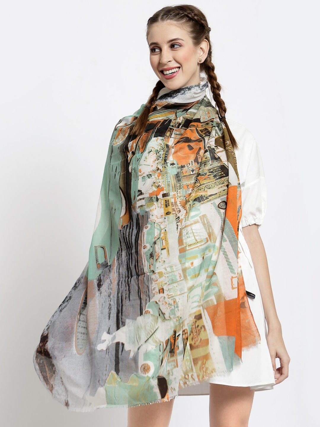 

J Style Women White & Blue Printed Cotton Stole