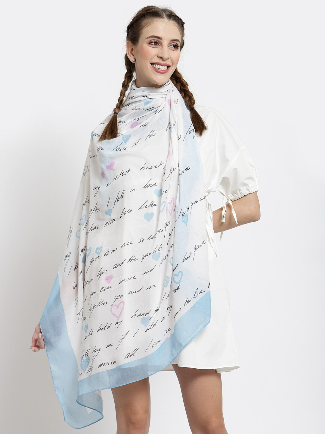 

J Style Women White & Blue Printed Cotton Stole