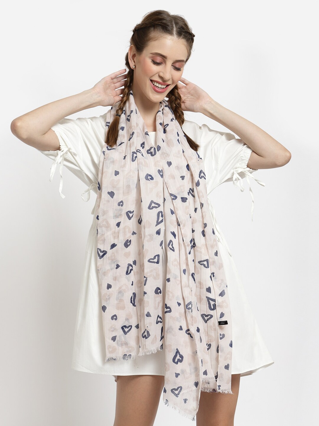 

J Style Women Cream-Coloured & Navy Blue Printed Cotton Stole