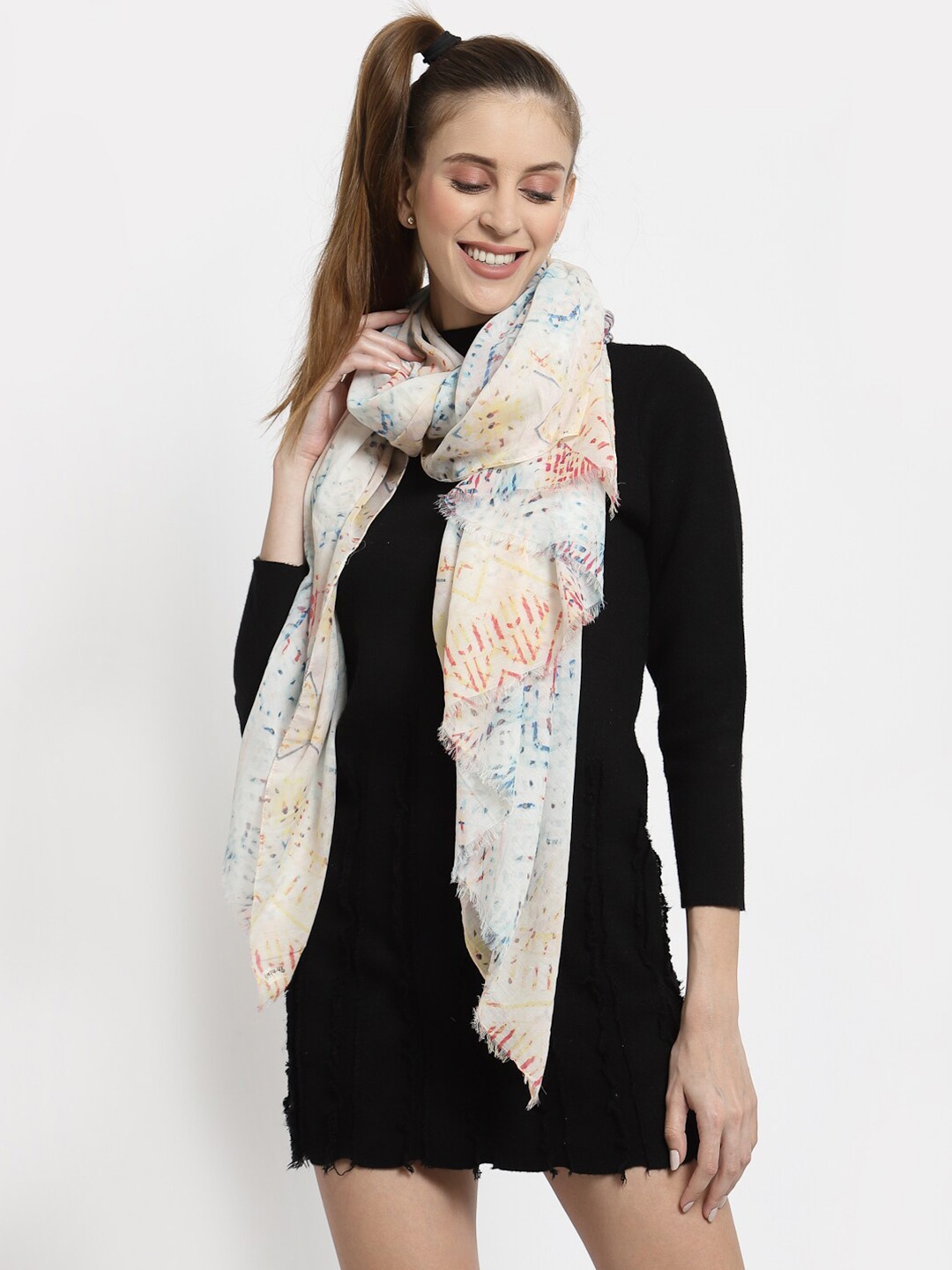 

J Style Women Cream-Coloured & Blue Printed Stole