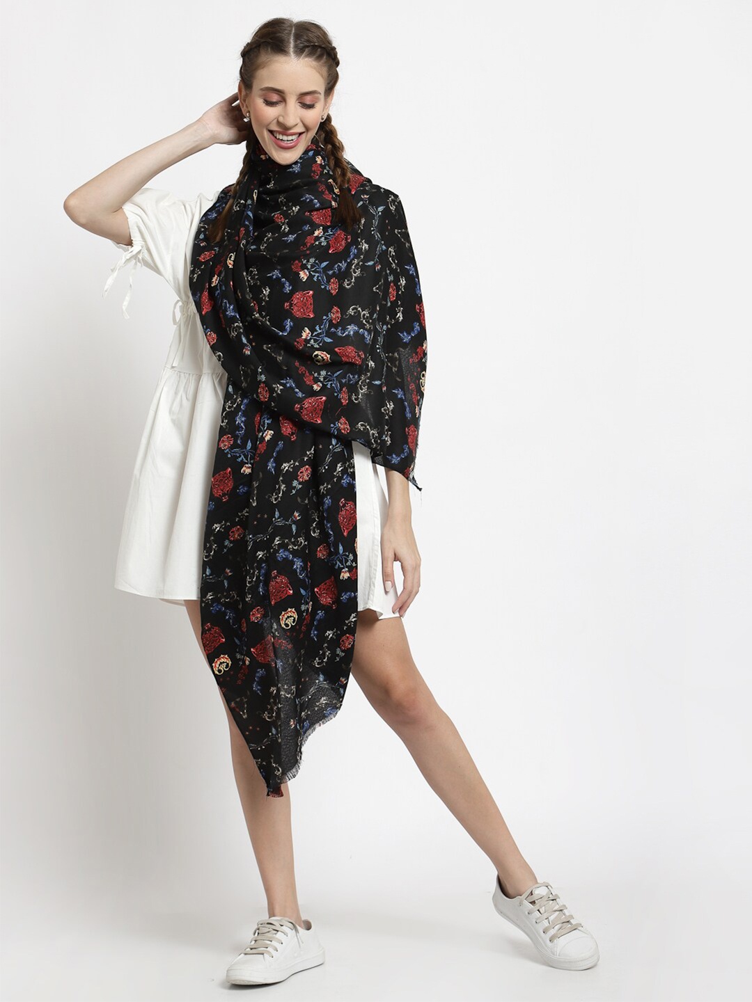 

J Style Women Black & Red Floral Printed Cotton Stole