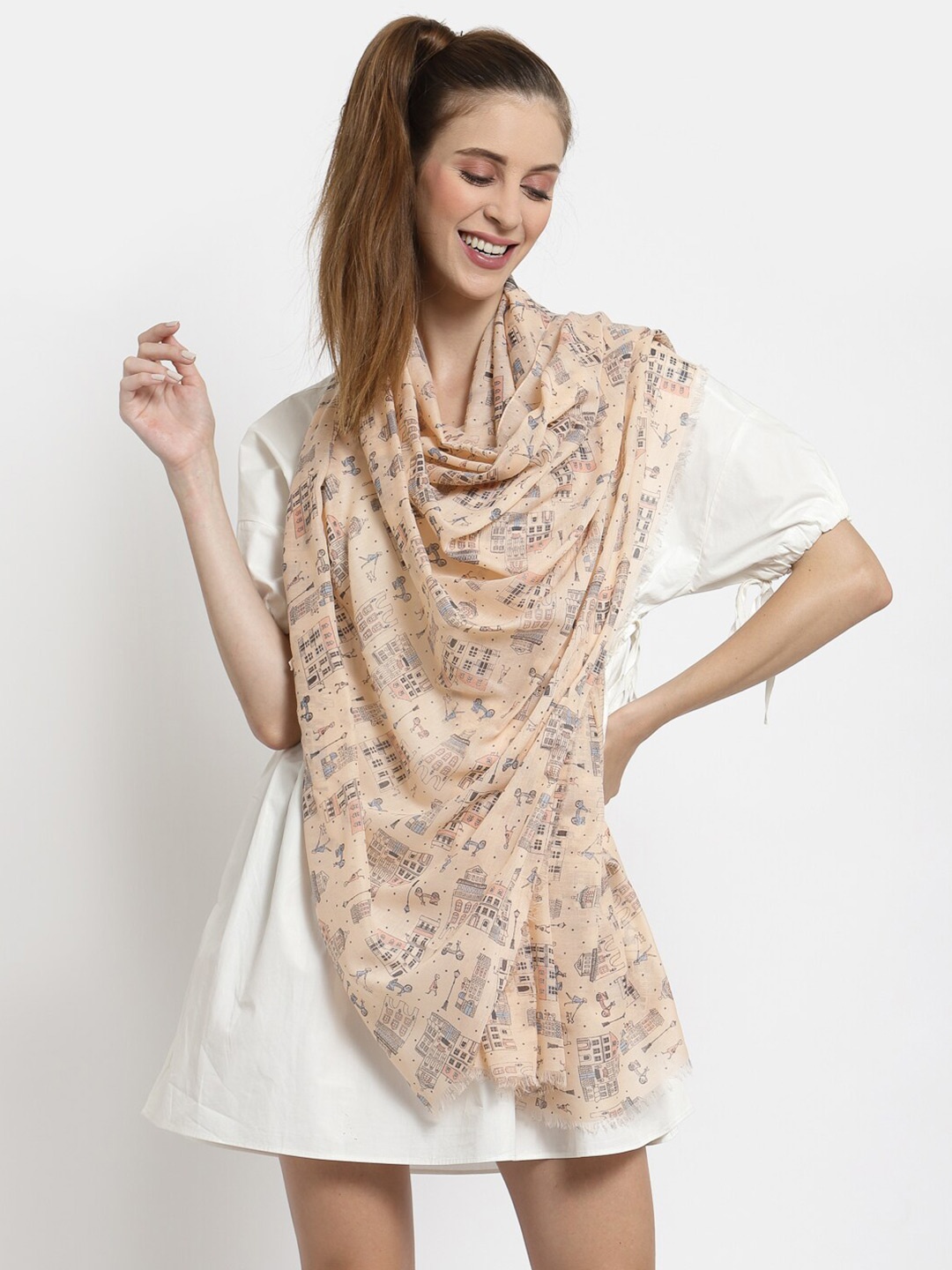 

J Style Women Cream-Coloured & Blue Printed Stole