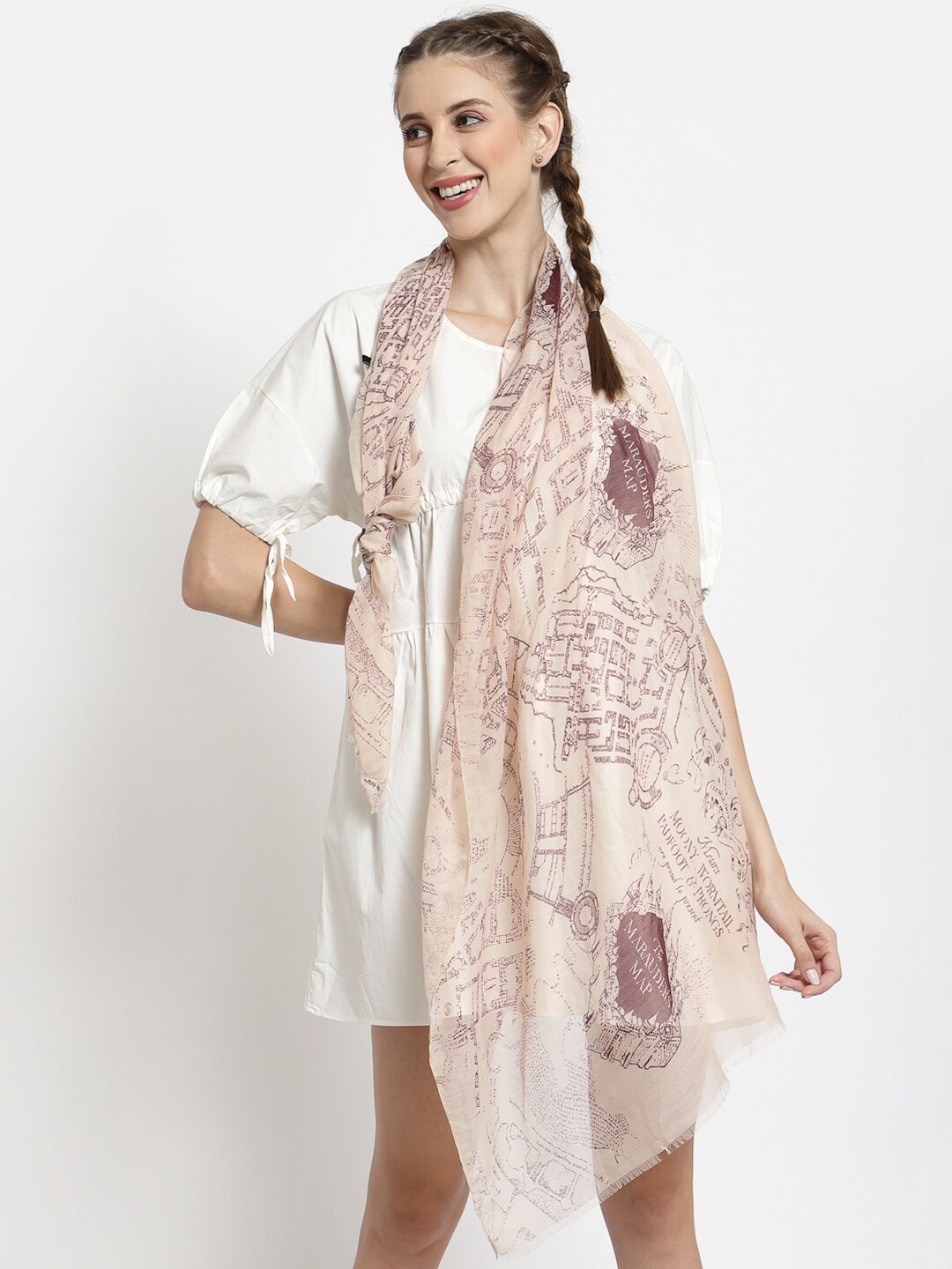 

J Style Women Cream-Coloured & Brown Printed Cotton Stole