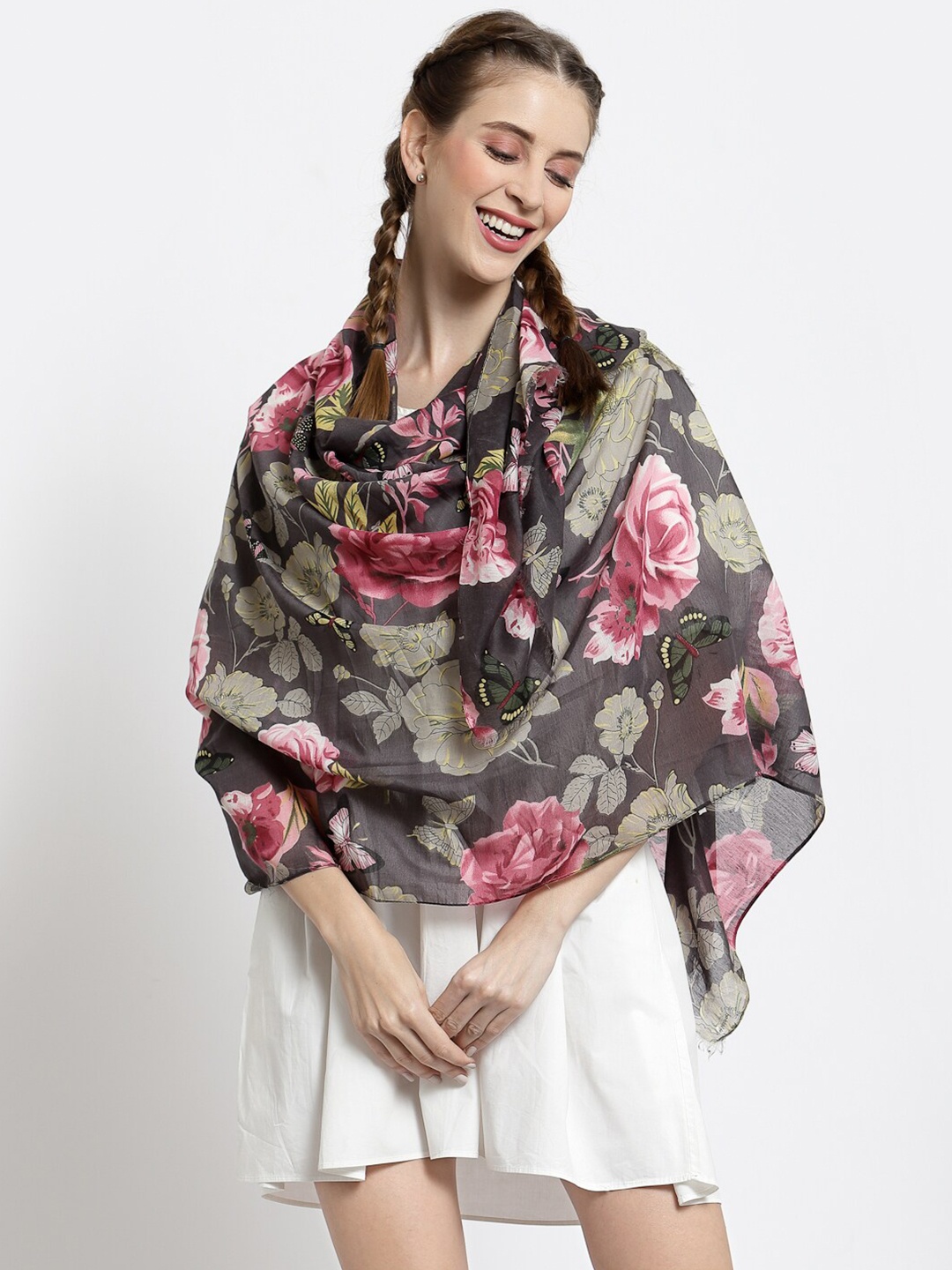 

J Style Women Grey & Red Printed Stole