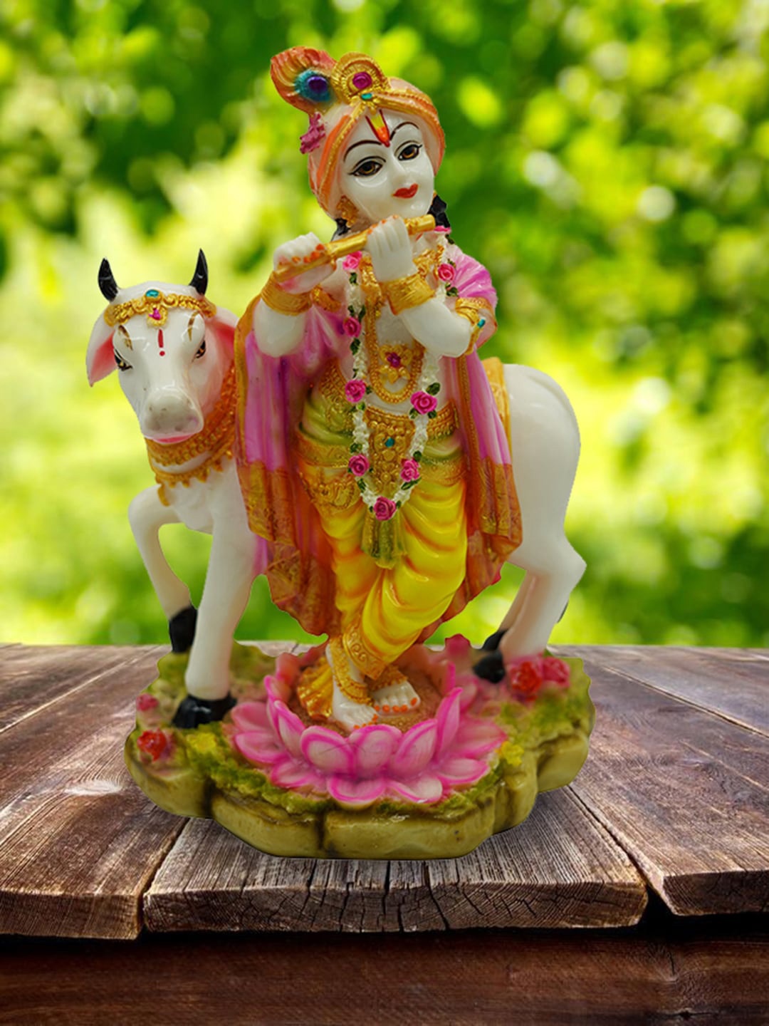 

Gallery99 Yellow & White Hand-Painted Lord Krishna Idol With Nandi God Showpiece