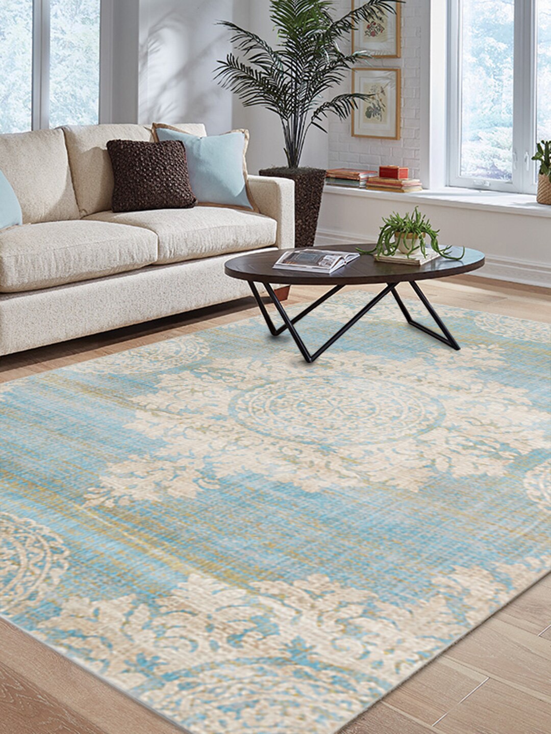 

DDecor Blue & Cream Colored Ethnic Motifs Traditional Carpet