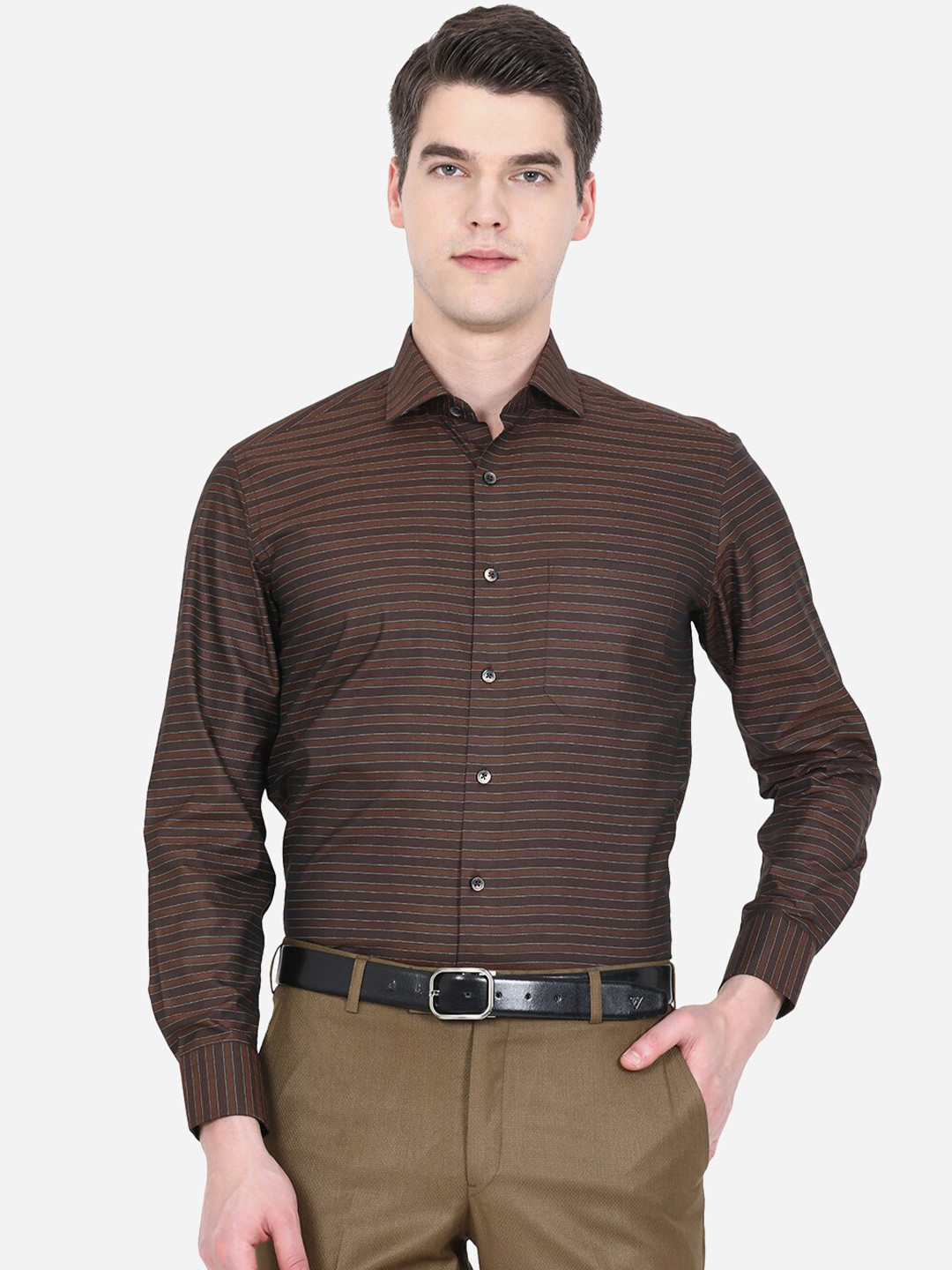 

Greenfibre Men Brown Slim Fit Horizontal Stripes Striped Formal Shirt