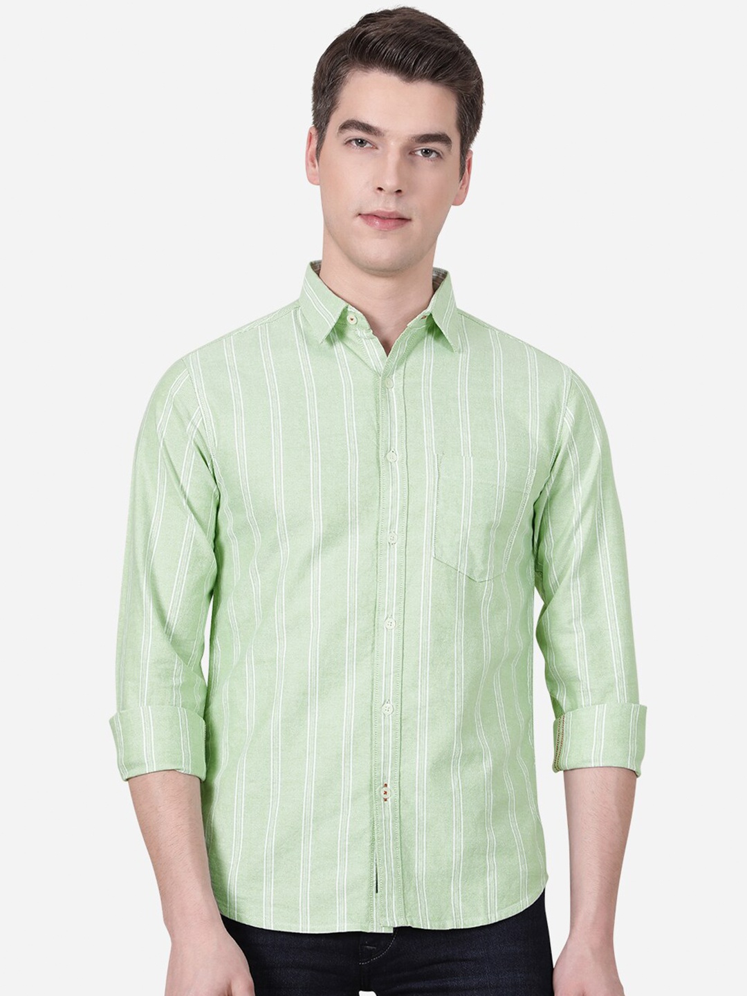 

Greenfibre Men Green Slim Fit Striped Casual Shirt