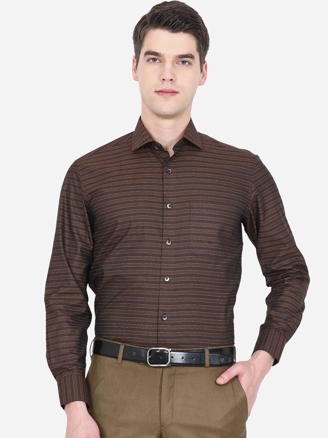 

Greenfibre Men Brown Slim Fit Horizontal Stripes Striped Formal Shirt