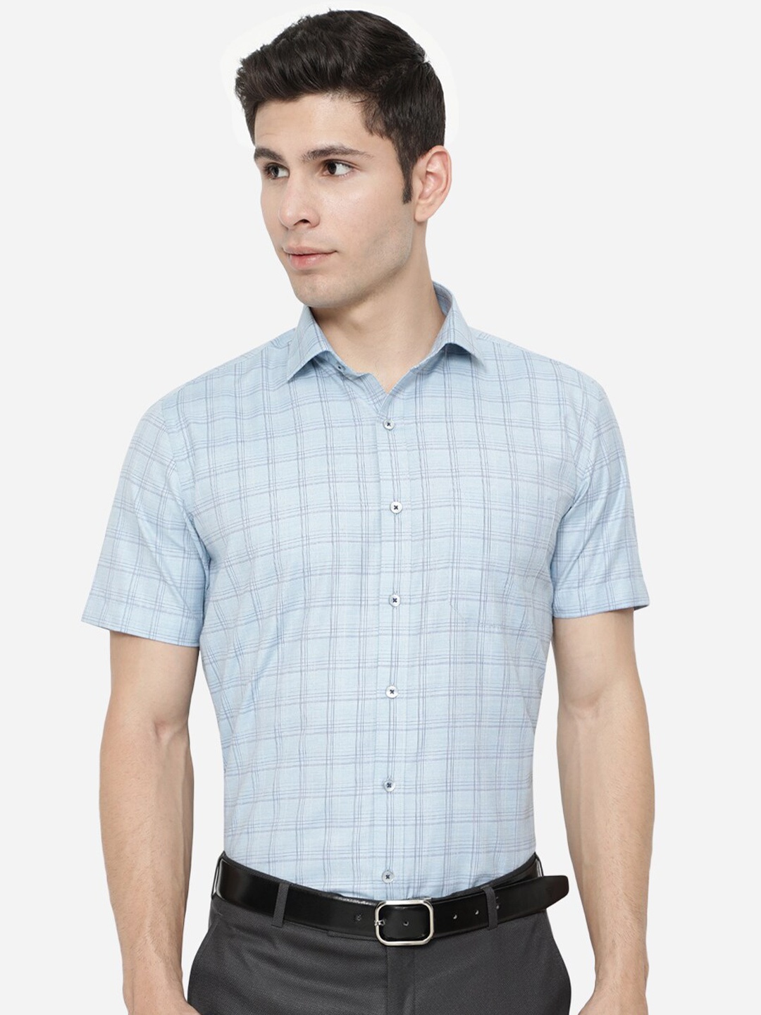 

Greenfibre Men Blue Checked Formal Shirt