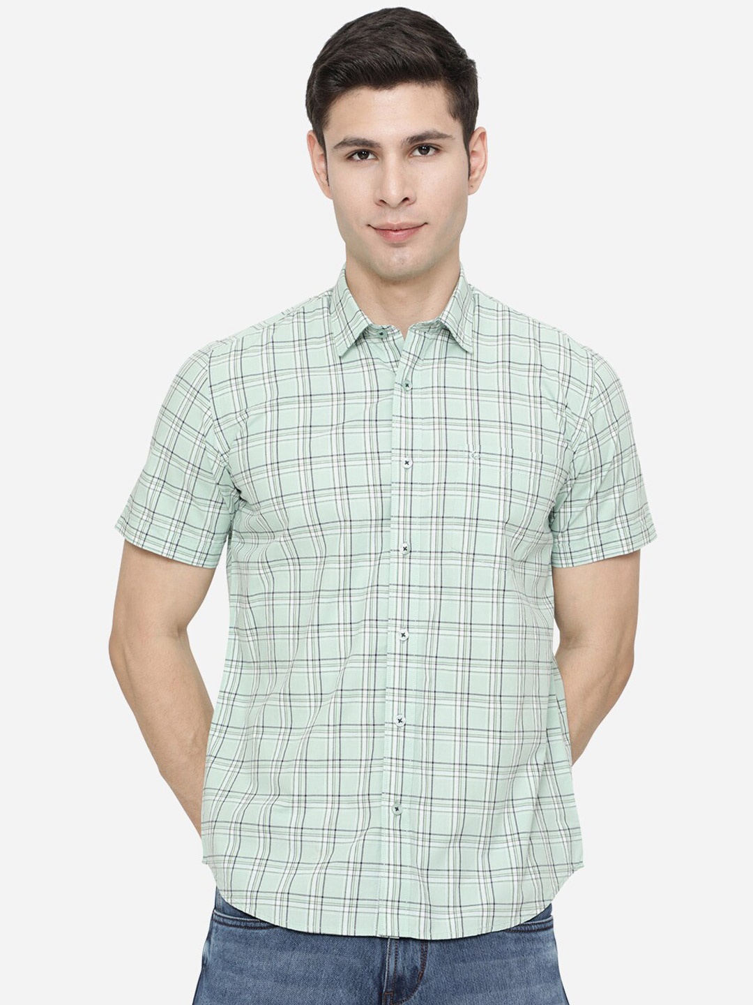 

Greenfibre Men Green Slim Fit Tartan Checks Checked Casual Shirt