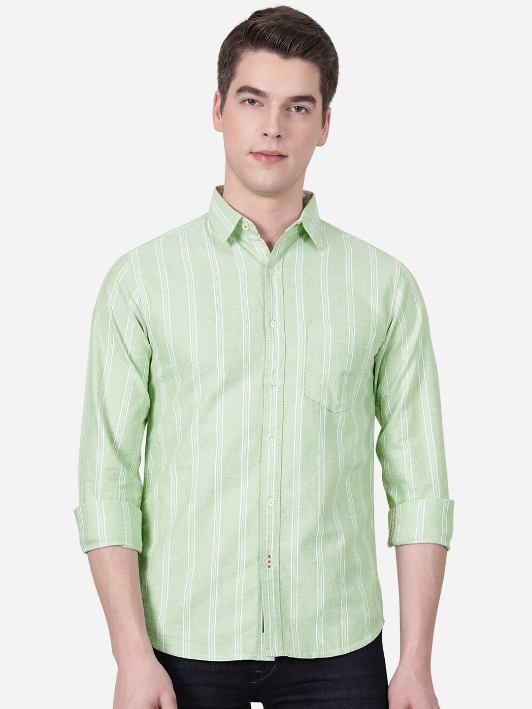 

Greenfibre Men Green Slim Fit Striped Casual Shirt