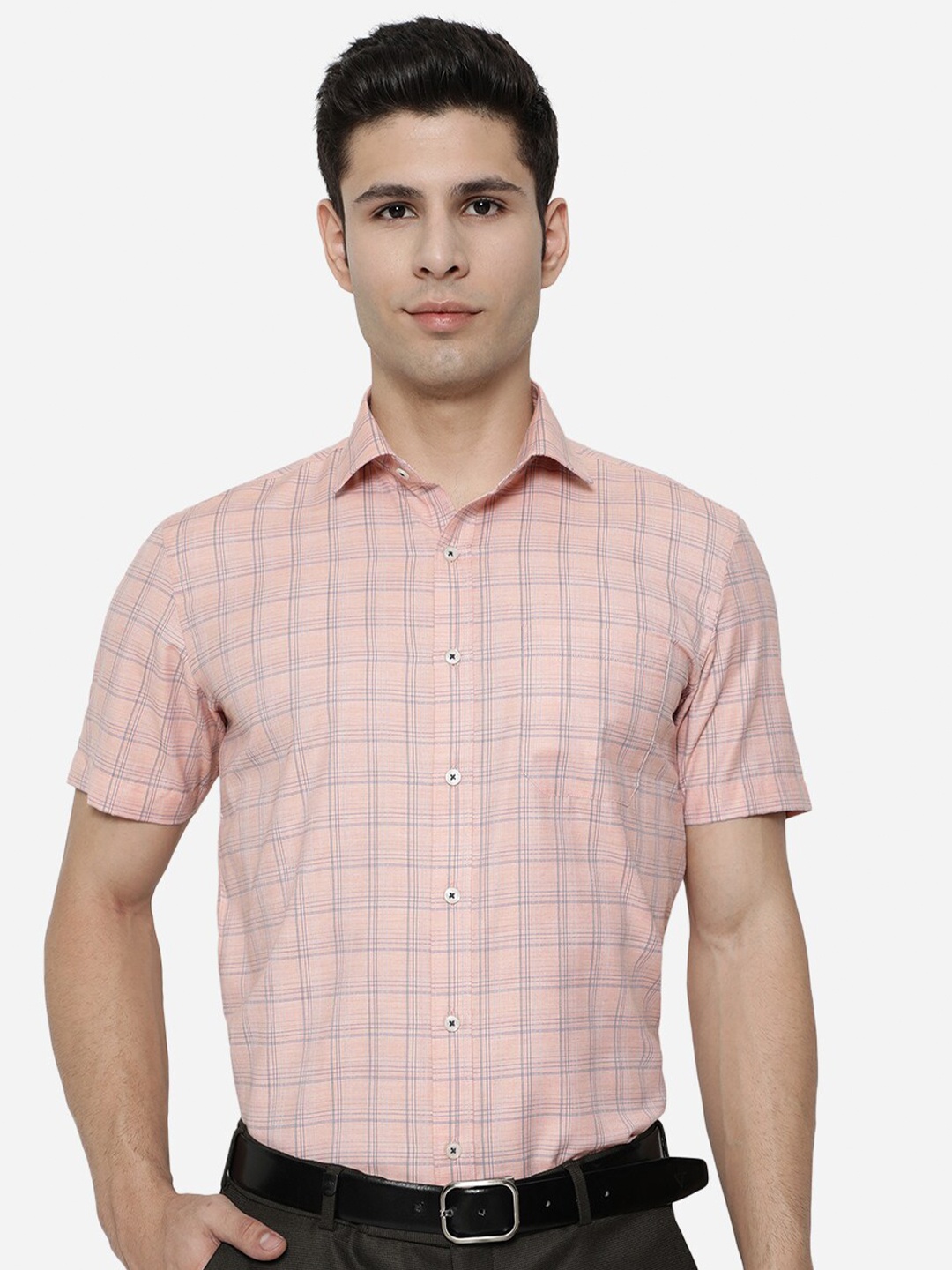 

Greenfibre Men Pink Tartan Checks Checked Formal Shirt