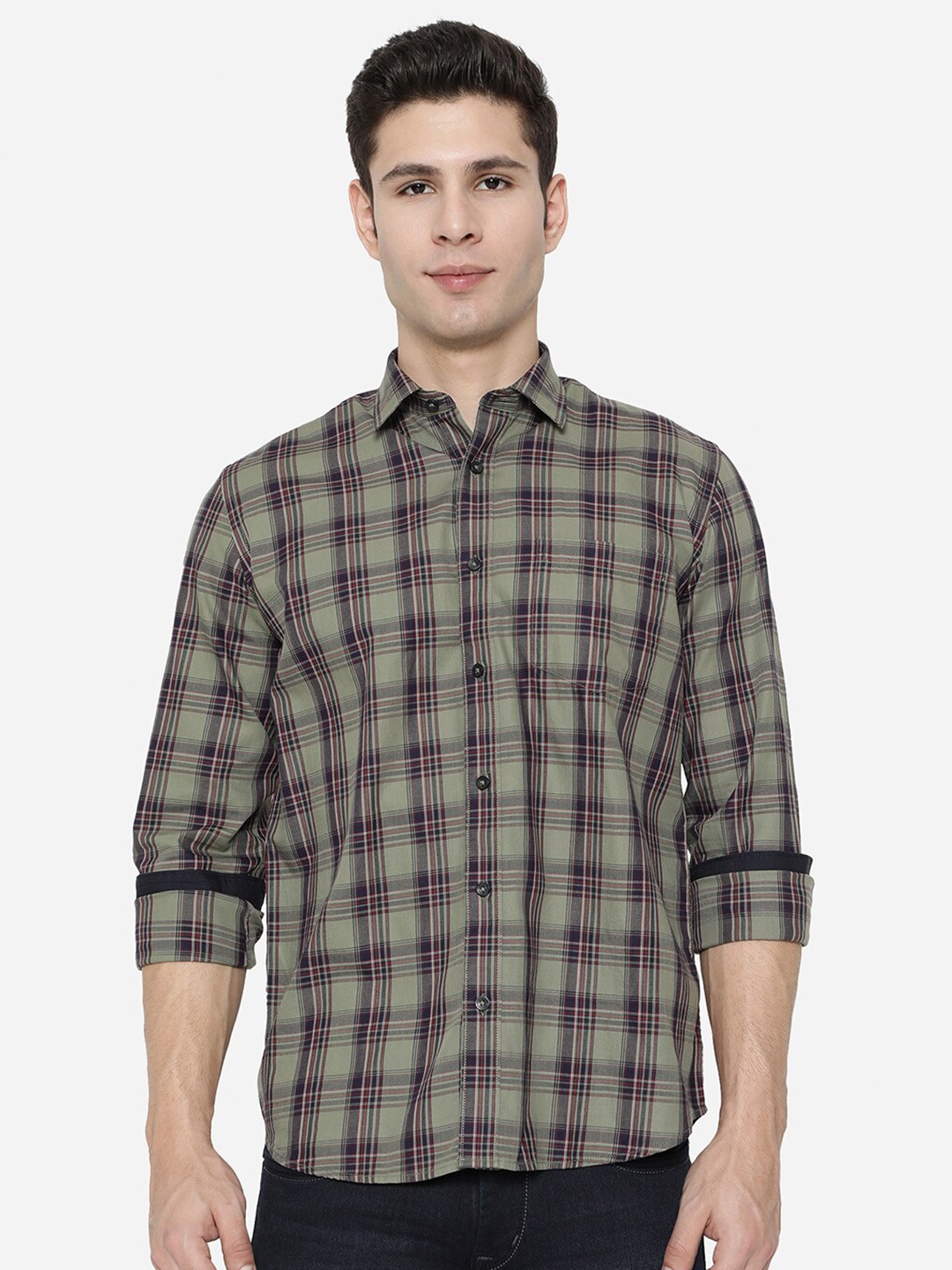 

Greenfibre Men Green Slim Fit Tartan Checks Checked Casual Shirt