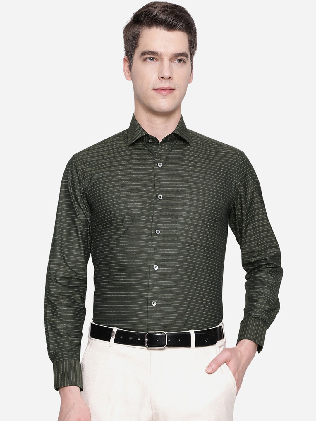 

Greenfibre Men Green Slim Fit Horizontal Stripes Striped Formal Shirt