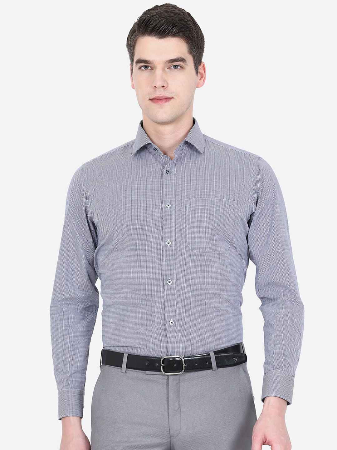 

Greenfibre Men Grey Slim Fit Micro Checks Printed Formal Shirt