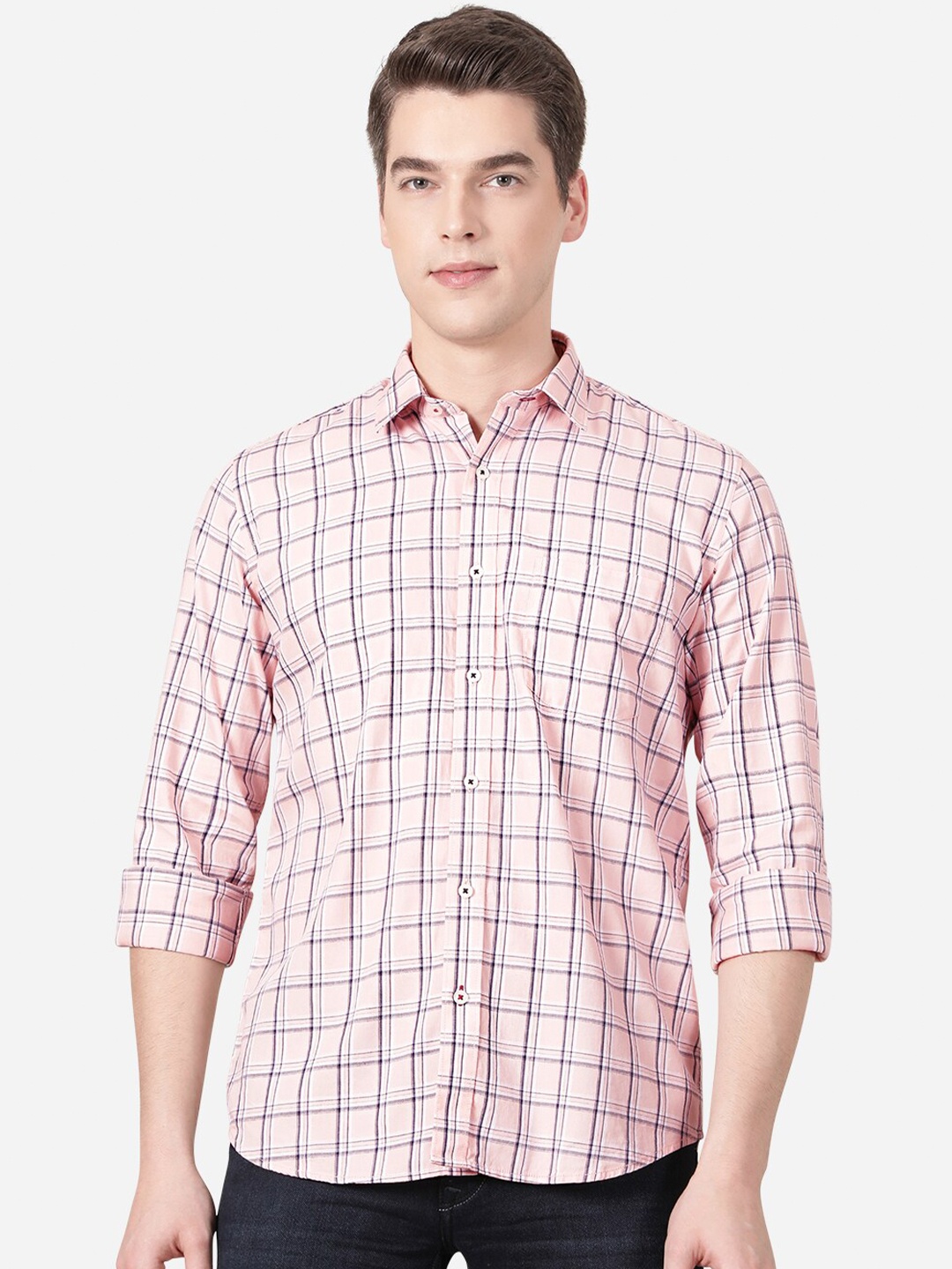 

Greenfibre Men Pink Slim Fit Windowpane Checks Checked Casual Shirt