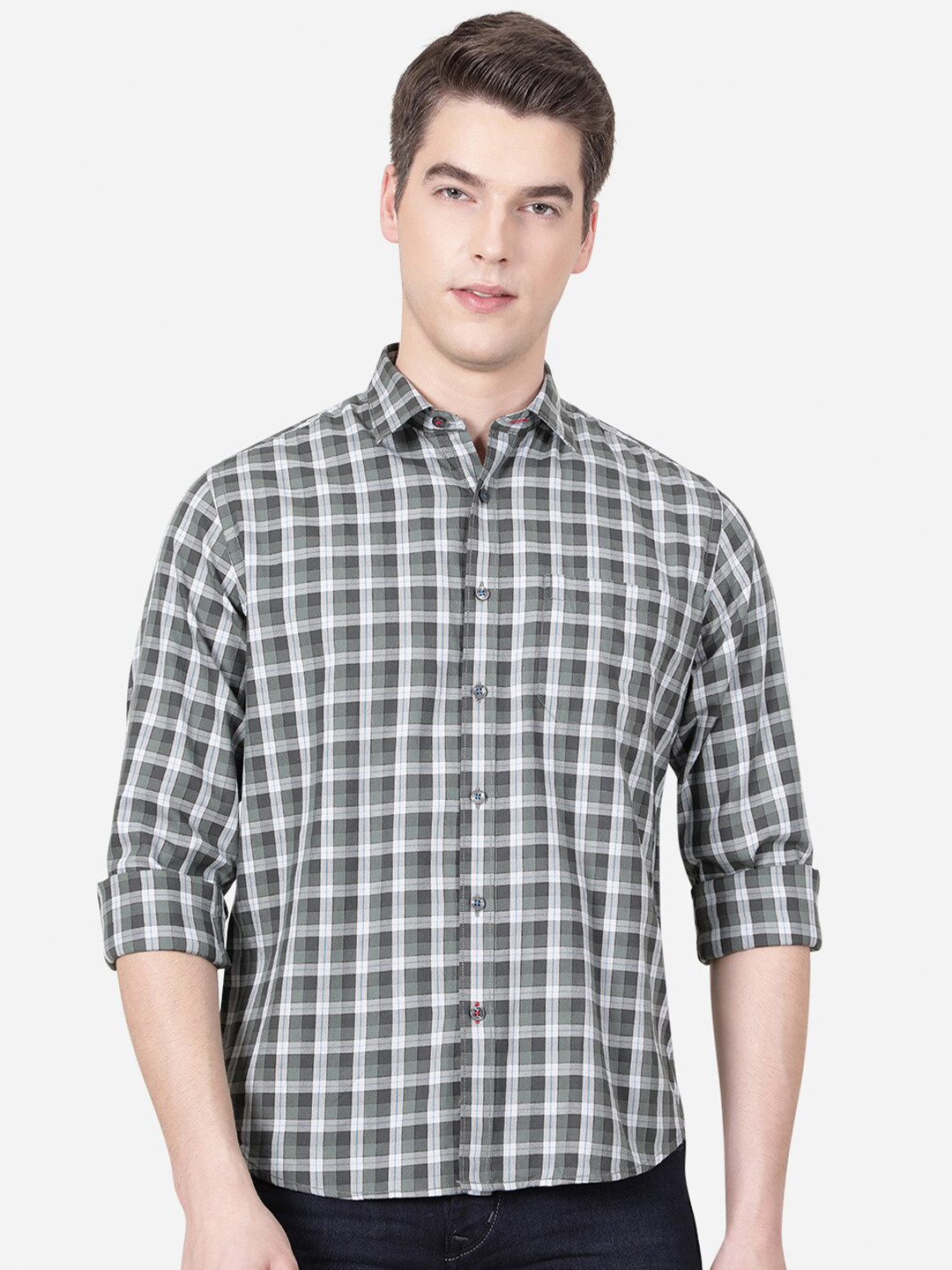 

Greenfibre Men Grey Slim Fit Tartan Checks Checked Casual Shirt