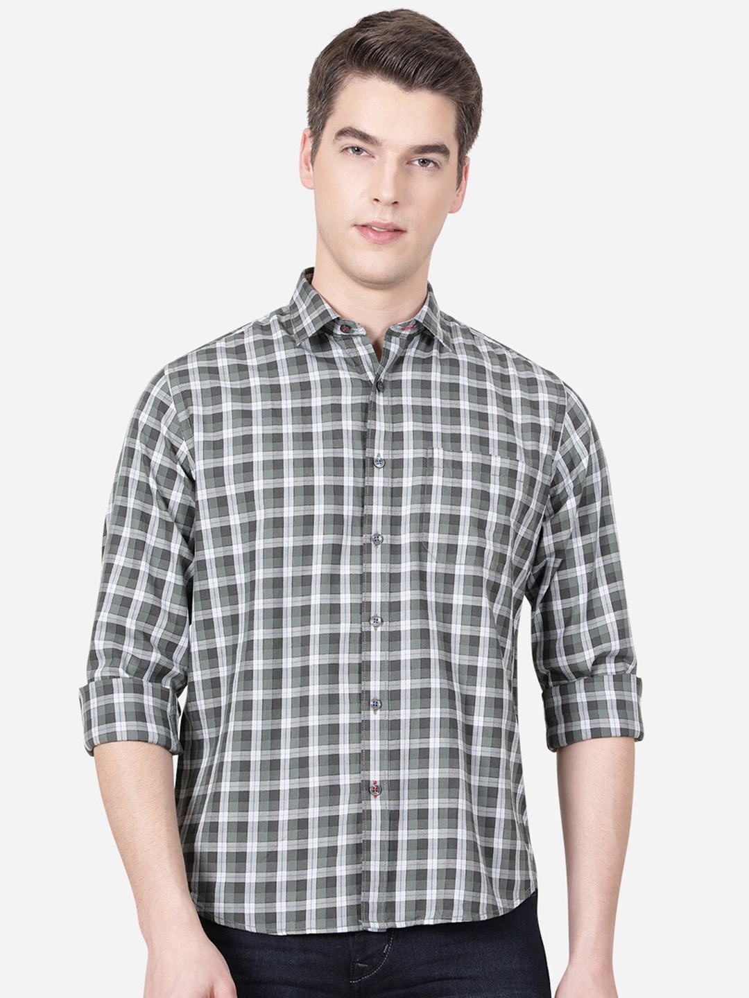 

Greenfibre Men Grey Slim Fit Tartan Checks Checked Casual Shirt