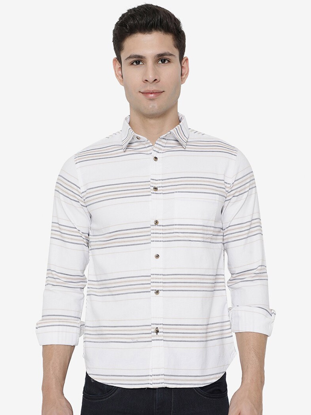 

Greenfibre Men White Slim Fit Horizontal Stripes Striped Casual Shirt