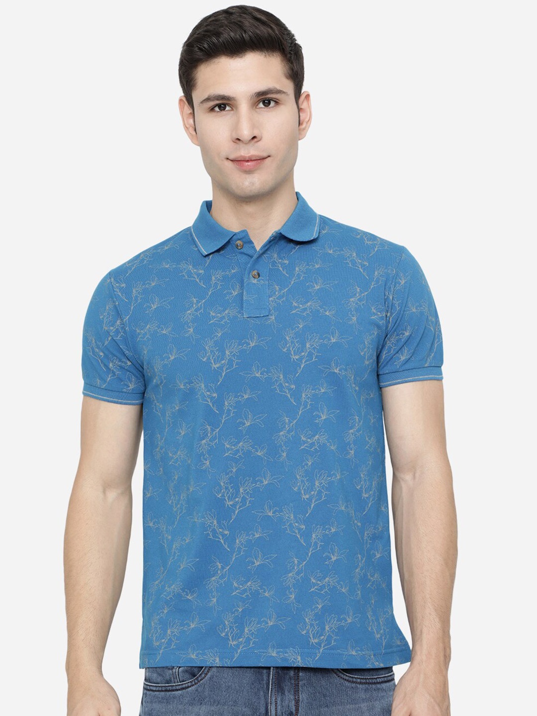 

Greenfibre Men Blue Polo Collar Tropical Applique Slim Fit T-shirt