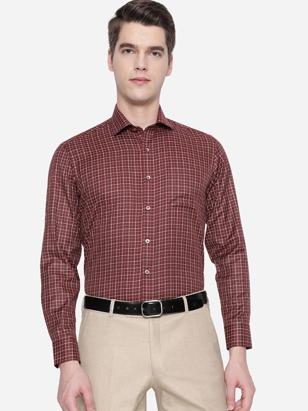 

Greenfibre Men Maroon Slim Fit Grid Tattersall Checks Checked Formal Shirt