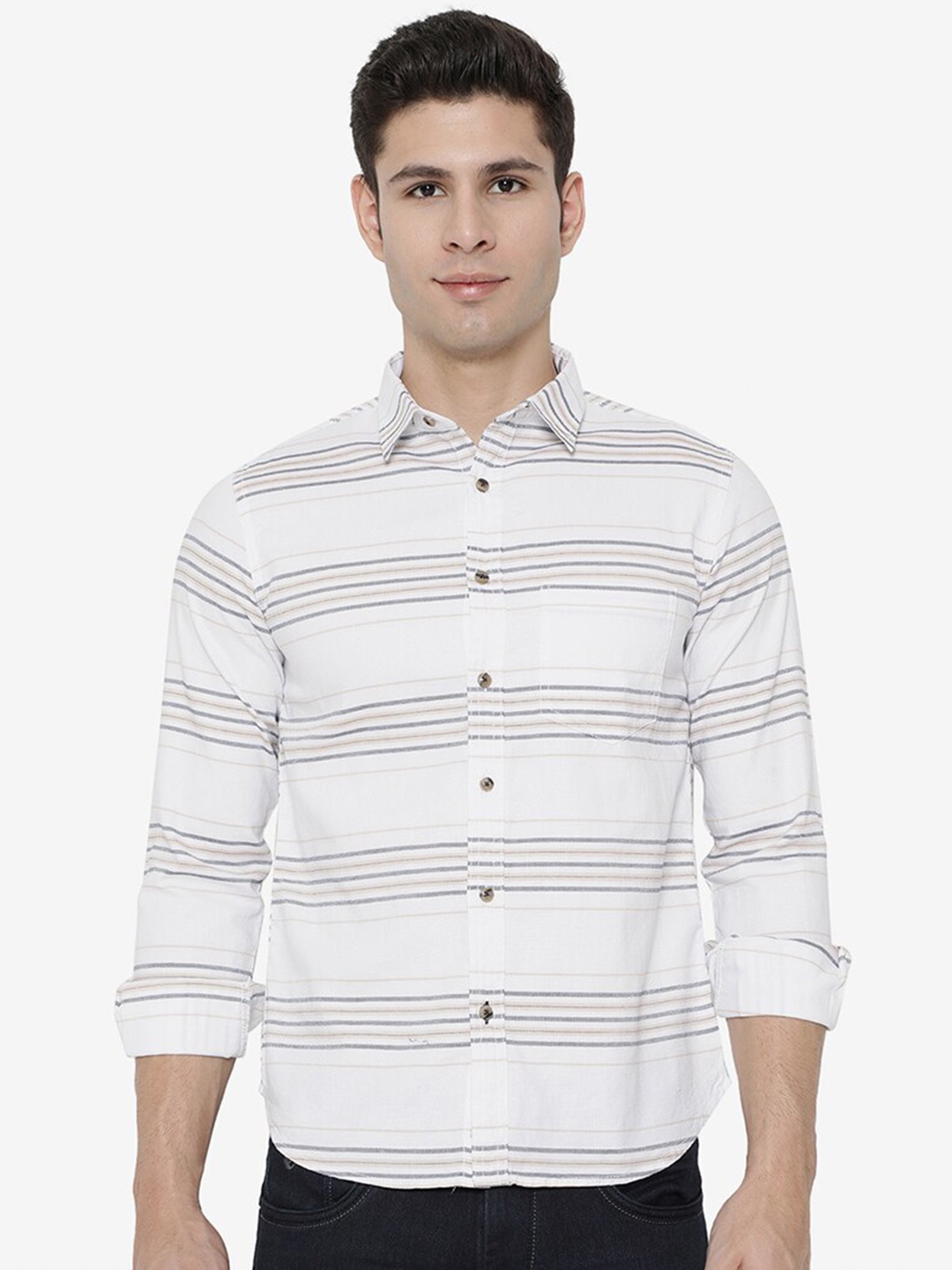 

Greenfibre Men White Slim Fit Horizontal Stripes Striped Casual Shirt